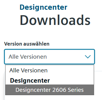 Designcenter Downloads: Version auswählen – Designcenter 2606 Series