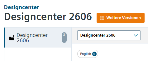 Support Center: Designcenter 2606 – Produktseite mit Versionsauswahl und Download-Bereich