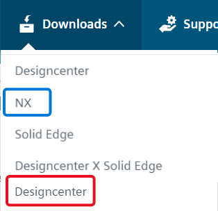 Siemens Support Center: Downloads-Menü in der Top-Navigation mit getrennten Einträgen NX und Designcenter