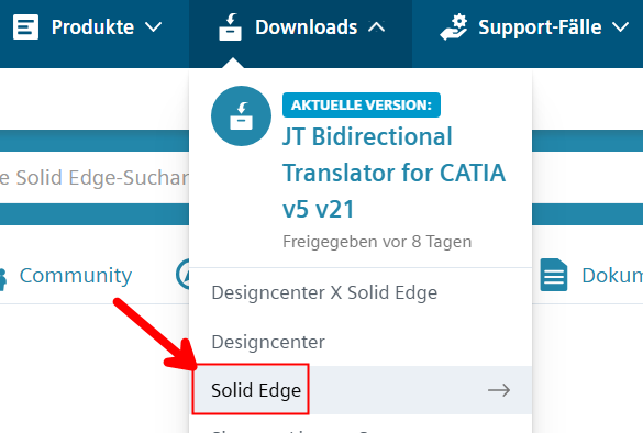 Support Center: Unter Downloads den Menüpunkt Solid Edge wählen