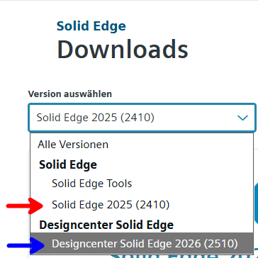 Support Center: Solid Edge Downloads – Versionsauswahl mit Solid Edge 2025 und Designcenter Solid Edge 2026