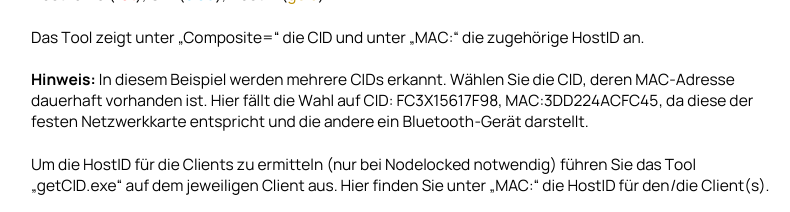 Hinweis: Bei mehreren Netzwerkadaptern die CID zur festen Netzwerkkarte wählen, nicht zum Bluetooth-Adapter