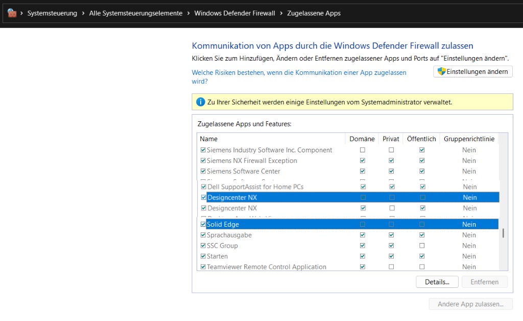 Windows-Firewall: Solid Edge und Designcenter NX als zugelassene Apps