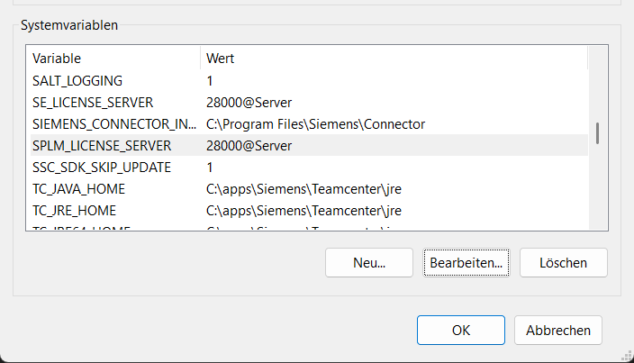 Windows-Umgebungsvariablen: SE_LICENSE_SERVER und SPLM_LICENSE_SERVER mit 28000@Server