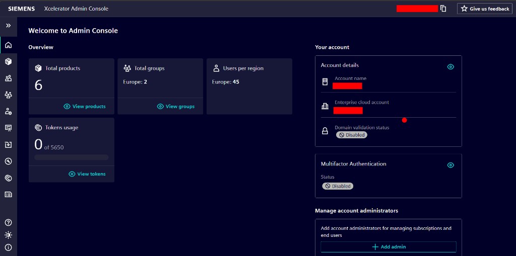 Siemens Xcelerator Admin Console – Übersicht mit Produkten, Gruppen und Nutzern