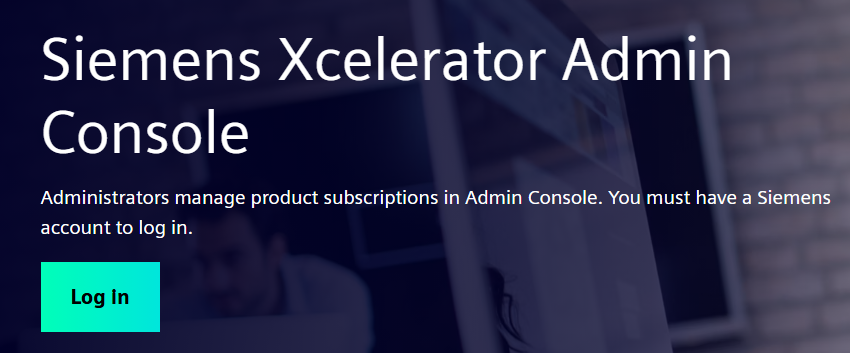 Siemens Xcelerator Admin Console – Anmeldeseite für Administratoren
