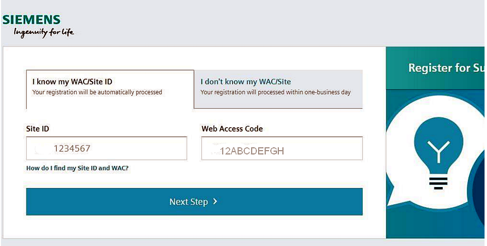 WebKey Aktivierung: Site ID und Web Access Code eingeben