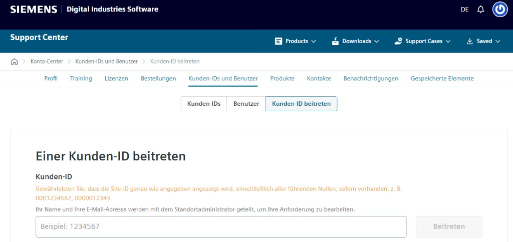 Support Center: Einer Kunden-ID beitreten – Kunden-ID eingeben