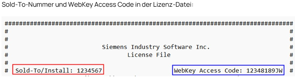 Lizenzdatei: Sold-To/Install und WebKey Access Code hervorgehoben