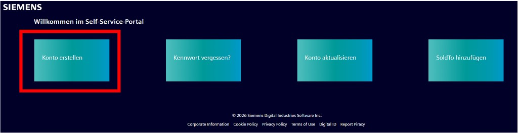 Siemens Self-Service-Portal: Schaltfläche Konto erstellen