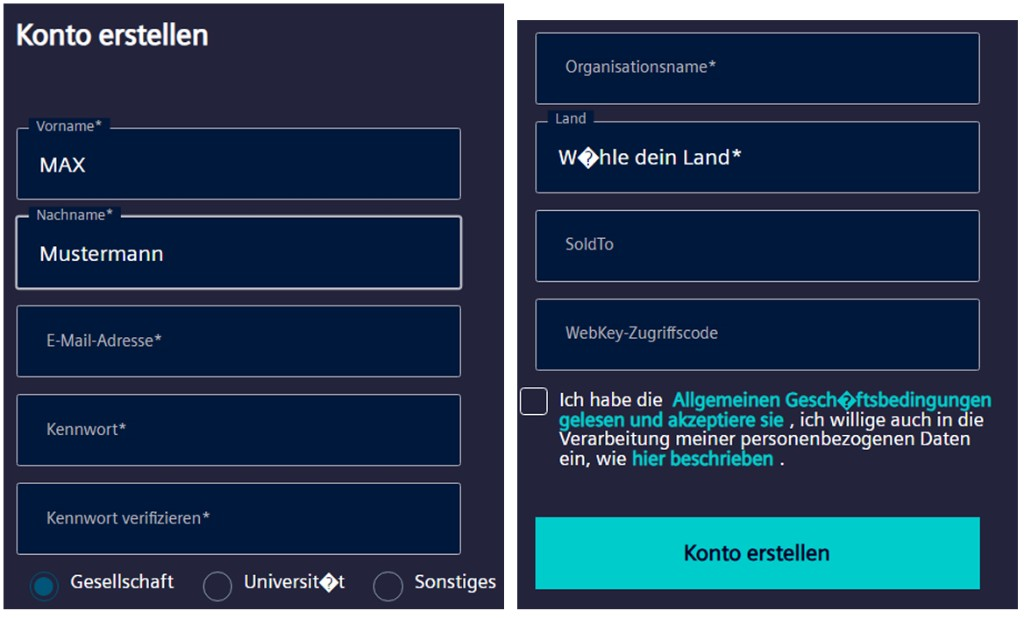 WebKey Registrierung: Formular mit SoldTo und WebKey-Zugriffscode