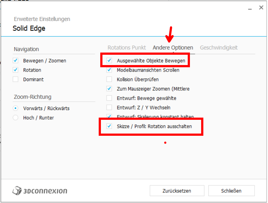 3Dconnexion Andere Optionen: Skizze Profil Rotation ausschalten und Ausgewählte Objekte Bewegen