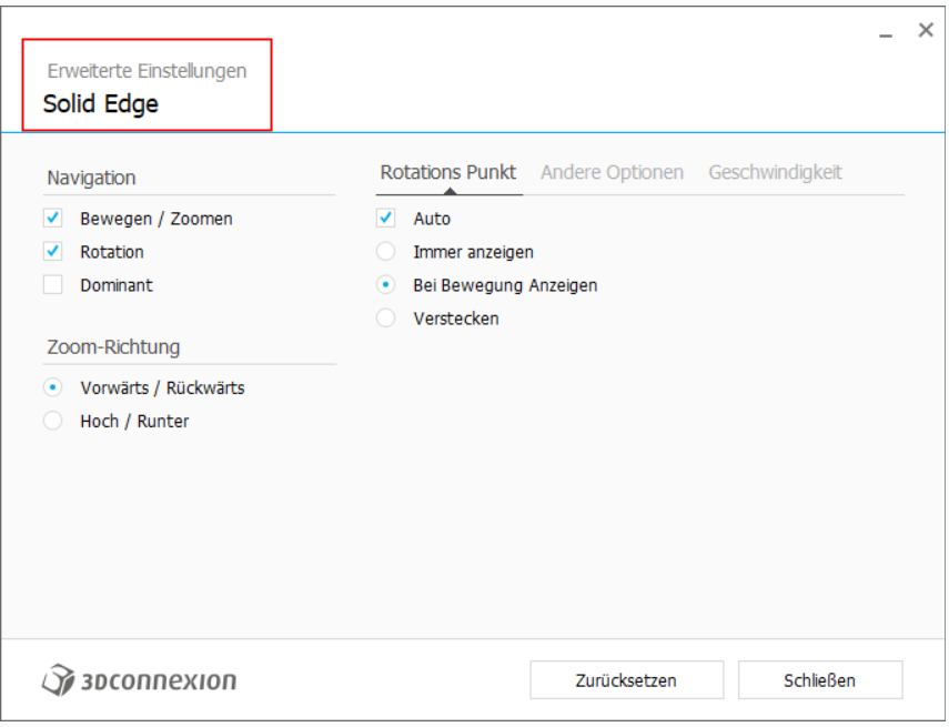 3Dconnexion Erweiterte Einstellungen mit Solid Edge als aktives Profil