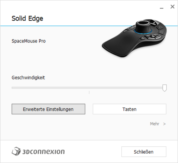 3Dconnexion-Einstellungen: Solid Edge ist als aktives Profil angezeigt