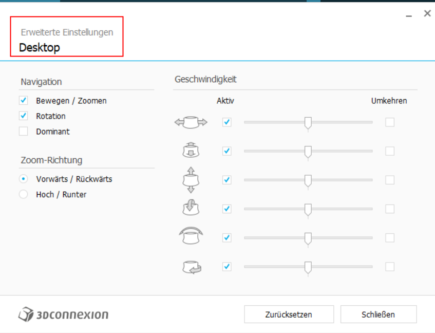 3Dconnexion-Erweiterte Einstellungen: Profil Desktop statt Solid Edge
