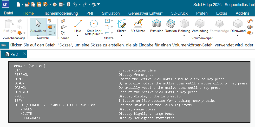 Solid Edge Display-Konsole: COMMANDS Liste mit ETA PERFMON DEMO PROBE DEBUG
