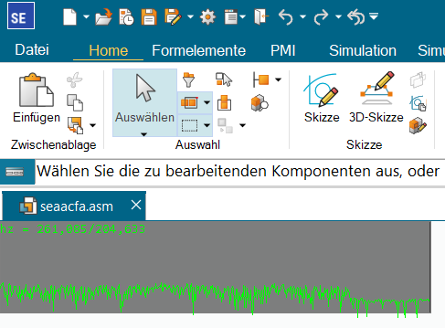 Solid Edge PERFMON Overlay mit hz-Werten und grüner Frame-Kurve