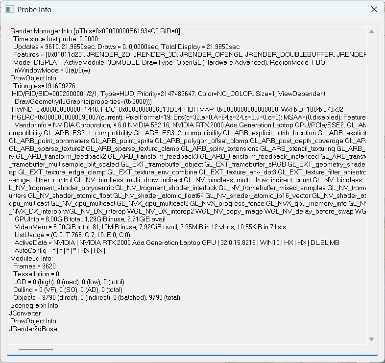 Solid Edge Dialog Probe Info mit OpenGL GPU und Triangle-Statistik