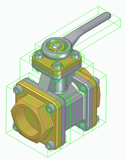Solid Edge Baugruppe mit grünen Range Boxes um Ventil und Hebel