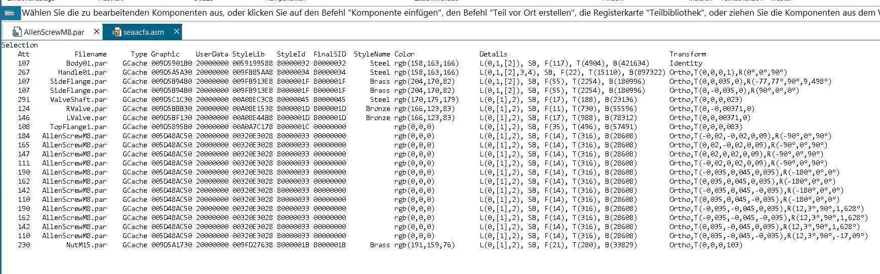 Solid Edge debug scenegraph Tabelle mit GCache Instanzen und Transforms