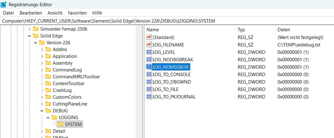 Registrierungs-Editor: Solid Edge Version 226 DEBUG LOGGING SYSTEM mit LOG_-Einträgen