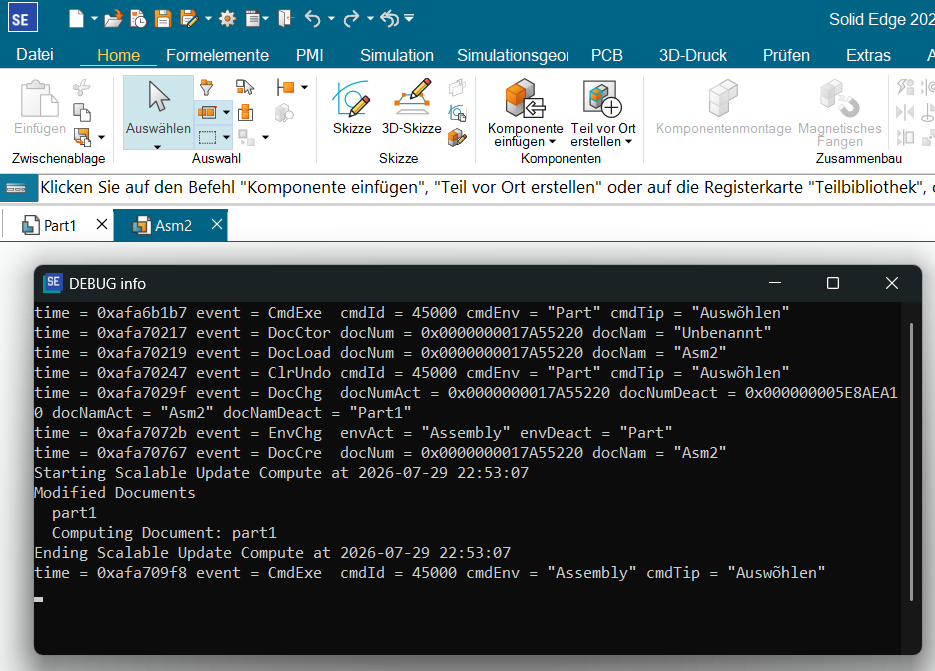 Solid Edge mit zusätzlichem CMD-Fenster DEBUG info und Live-Logzeilen