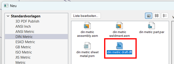 Solid Edge Neu: DIN Metric, Vorlage dinimetric draft.dft markiert