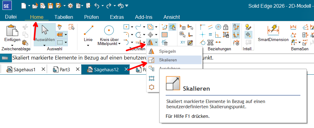 Solid Edge Home: Auswählen und Befehl Skalieren im Flyout