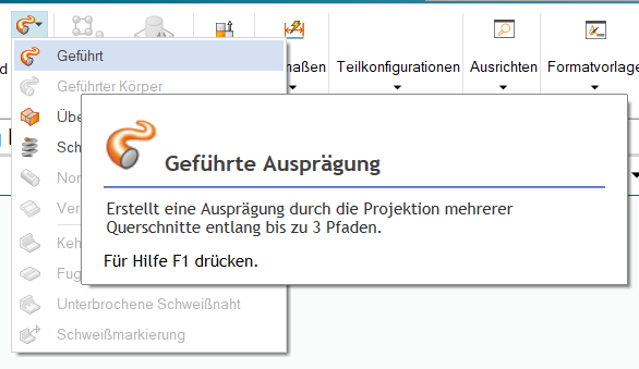 Solid Edge: Befehl Geführte Ausprägung im Menü mit Kurzinfo