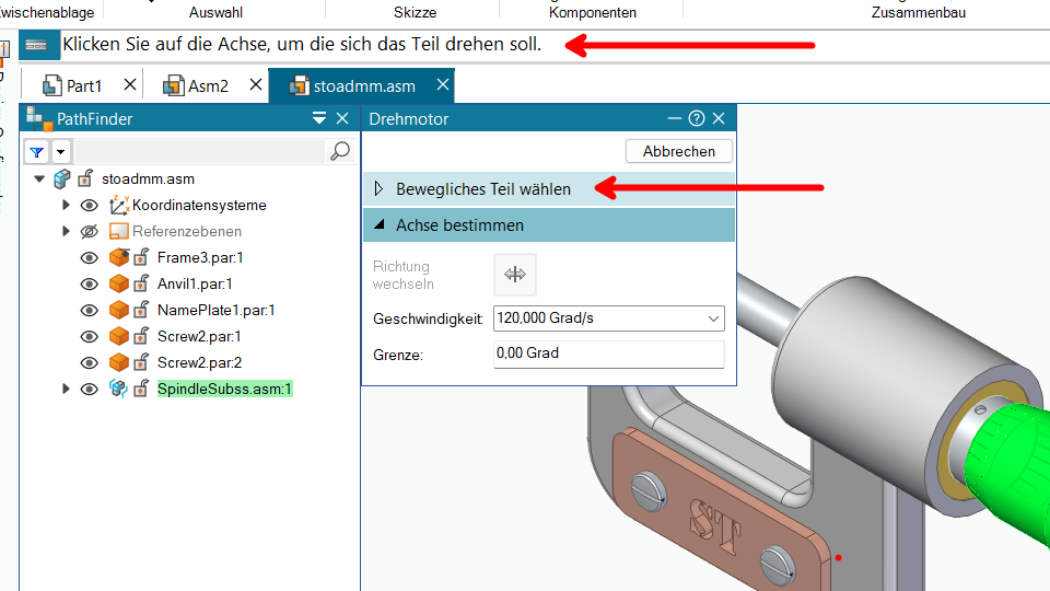 Drehmotor-Assistent: bewegliches Teil in der Baugruppe wählen, Aufforderungsleiste zeigt Achsen-Hinweis