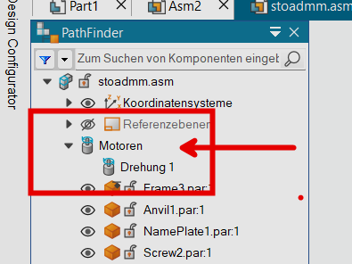 PathFinder in Solid Edge: Motoren-Gruppe mit Drehung 1 in der Baugruppe