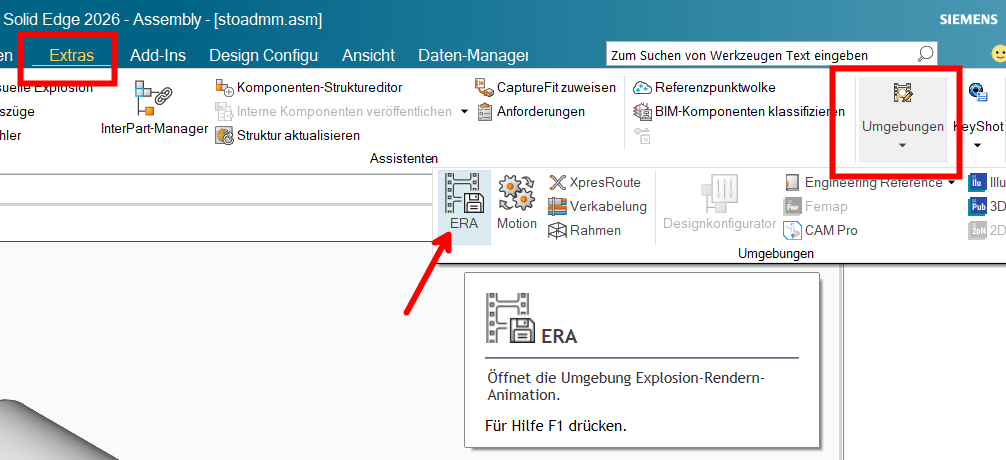 Solid Edge: Umgebung ERA über Extras und Umgebungen-Menü öffnen