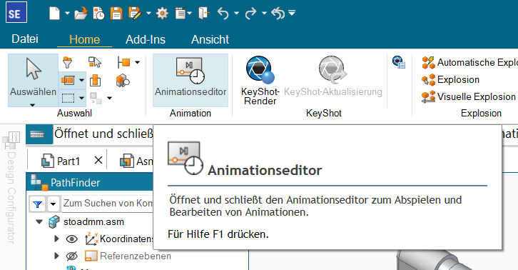 ERA-Umgebung: Animationseditor-Befehl im Home-Ribbon von Solid Edge