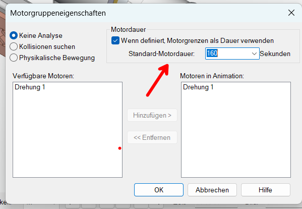 Motorgruppeneigenschaften: Standard-Motordauer in Sekunden und Motoren in Animation