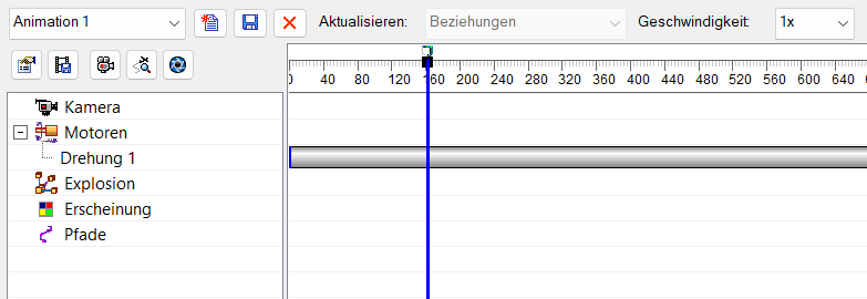 Animationseditor-Timeline: Drehung 1 als grauer Balken über der Zeitskala