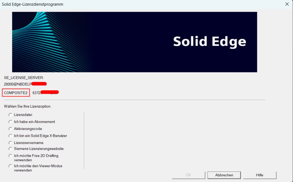 Solid Edge Lizenzdienstprogramm (License Utility): COMPOSITE2 hervorgehoben