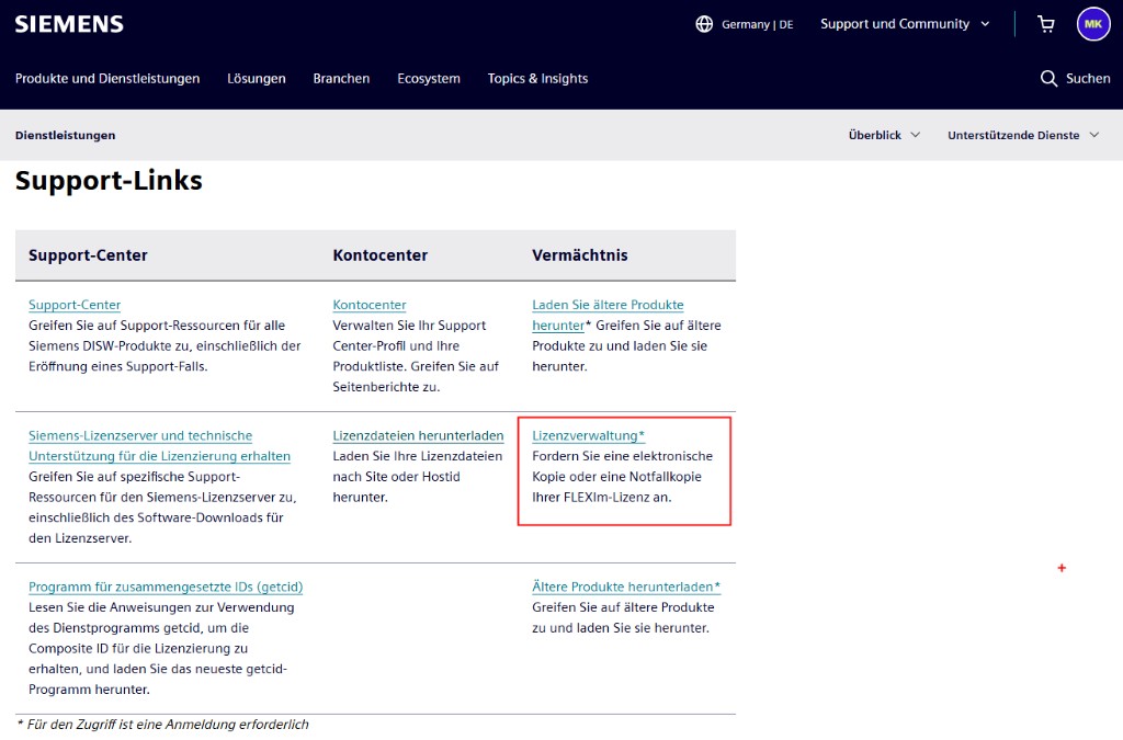 Siemens Support-Links: Lizenzverwaltung in der Spalte Legacy hervorgehoben