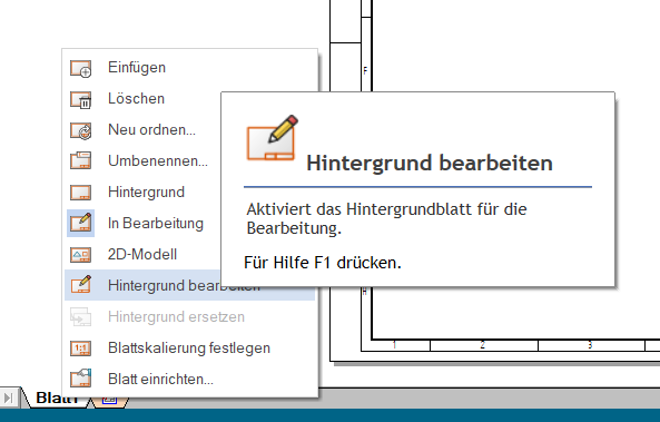 Solid Edge: Rechtsklick auf Blatt-Reiter, Menüpunkt Hintergrund bearbeiten