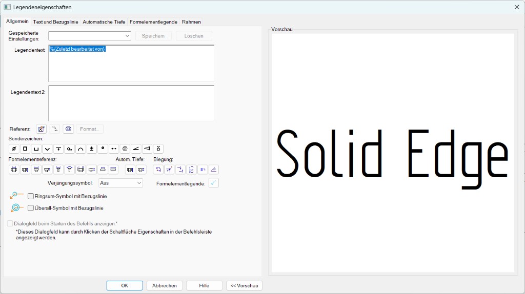 Solid Edge Legendeneigenschaften mit Legendentext