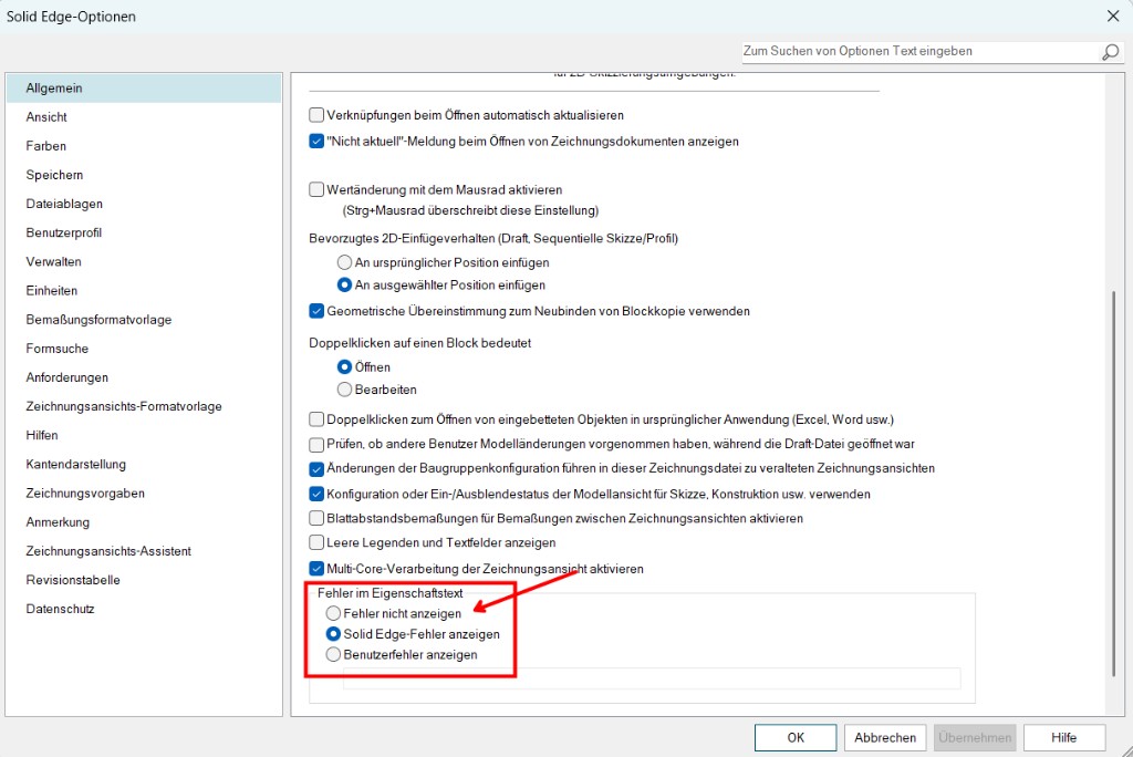 Solid Edge Optionen Fehler im Eigenschaftstext