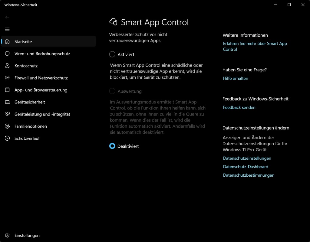 Windows-Sicherheit: Smart App Control auf Deaktiviert gestellt