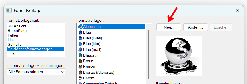 Dialog Formatvorlage: Schaltfläche Neu hervorgehoben
