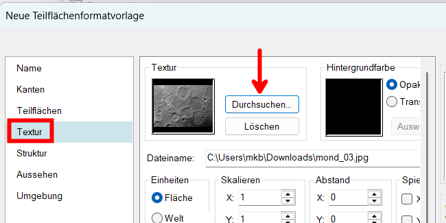 Teilflächenformatvorlage: Register Textur mit Schaltfläche Durchsuchen