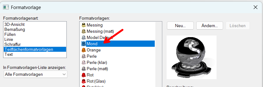 Formatvorlagenliste mit ausgewählter Vorlage Mond