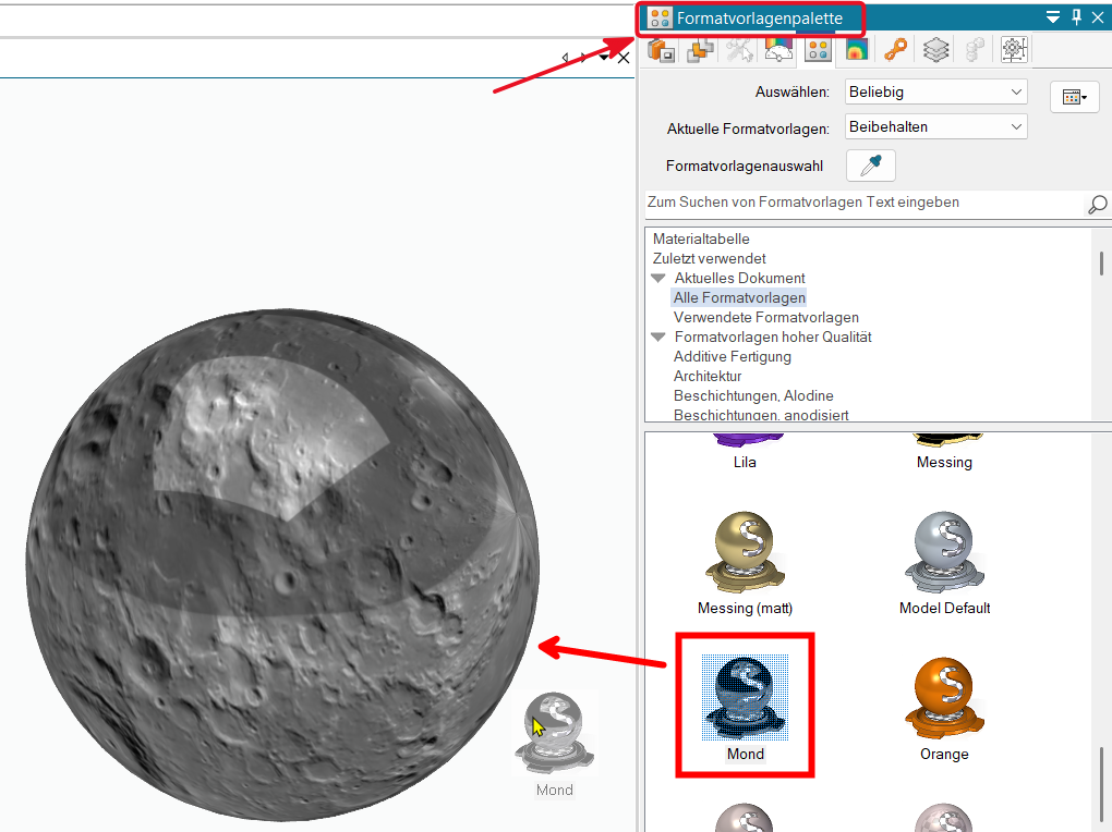 Formatvorlagenpalette: Mond per Drag and Drop auf die Kugel ziehen